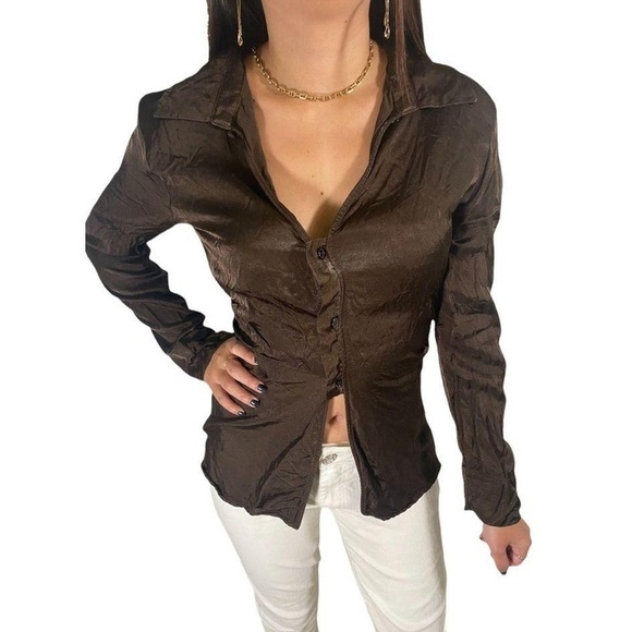 Zara Tops - Zara Brown Satin Silk Keyhole Long Sleeve Fitted Button Down Shirt Top Size M